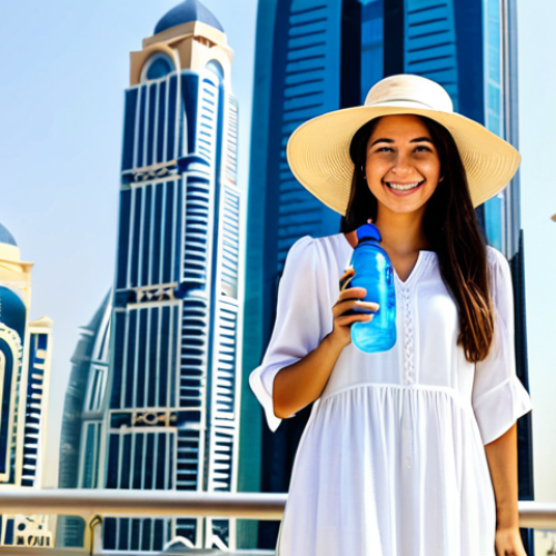 Home 11 **
"A female tourist in Dubai, fully clothed in modest, lightweight summer attire, such as a long, flowing cotton dress and a wide-brimmed hat, smiling and holding a bottle of water, standing in front of a modern skyscraper, safe for work, appropriate content, perfect anatomy, natural proportions, family-friendly, professional photography, bright daylight, high quality."
**