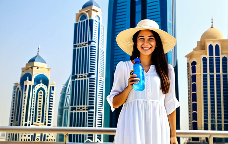 **

"A female tourist in Dubai, fully clothed in modest, lightweight summer attire, such as a long, flowing cotton dress and a wide-brimmed hat, smiling and holding a bottle of water, standing in front of a modern skyscraper, safe for work, appropriate content, perfect anatomy, natural proportions, family-friendly, professional photography, bright daylight, high quality."

**
