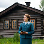 **

"A professional female historian in a modest tweed suit, giving a lecture in front of a reconstructed traditional Russian izba (wooden house), fully clothed, appropriate attire, safe for work, perfect anatomy, natural proportions, educational setting, daytime, overcast sky, professional photography, high quality, family-friendly"

**