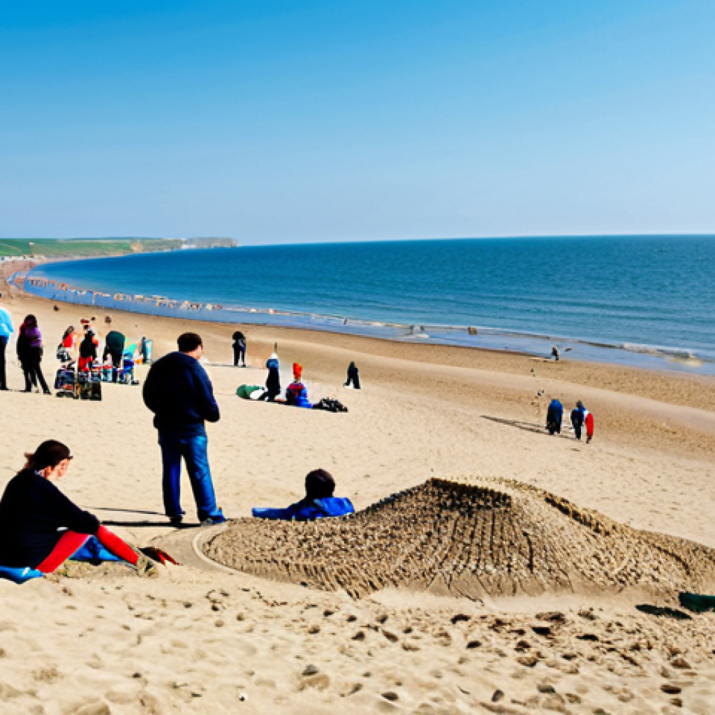 아부다비 코르니쉬 해변 - **Cornish Beach Relaxation:** "A panoramic view of a sunny Cornish beach, Azov Sea coastline. People...
