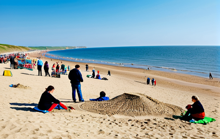 아부다비 코르니쉬 해변 - **Cornish Beach Relaxation:** "A panoramic view of a sunny Cornish beach, Azov Sea coastline. People...
