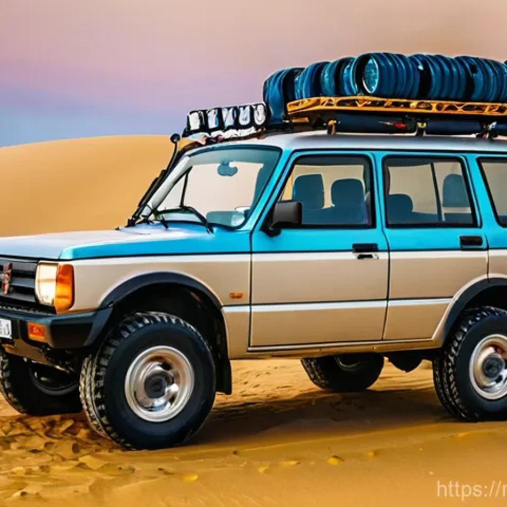 사막 캠핑 주의사항 - **Prompt:** A rugged, well-maintained 4x4 SUV, specifically a Russian-made UAZ Patriot or Lada Niva ...