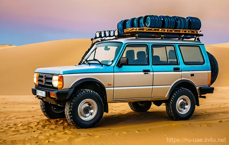 사막 캠핑 주의사항 - **Prompt:** A rugged, well-maintained 4x4 SUV, specifically a Russian-made UAZ Patriot or Lada Niva ...