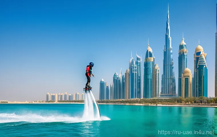 아랍에미리트 해양 스포츠 체험 - Image Prompt 1: "Soaring Above the Skyline: Flyboarding in Dubai"**