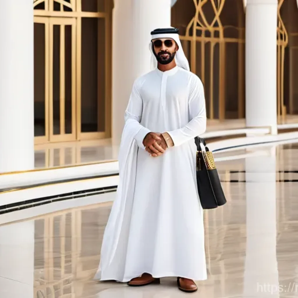 UAE 전통 의상  칸두라 와  아바야 - **Prompt:** A dignified Emirati man in a pristine, bright white traditional Kandura made of fine, fl...