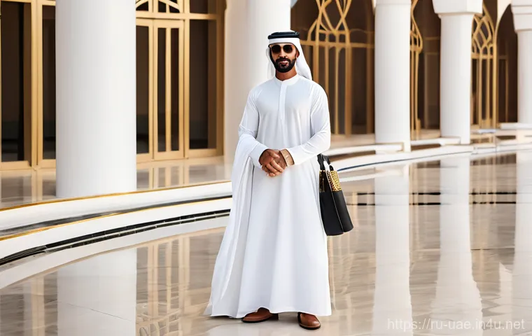 UAE 전통 의상  칸두라 와  아바야 - **Prompt:** A dignified Emirati man in a pristine, bright white traditional Kandura made of fine, fl...