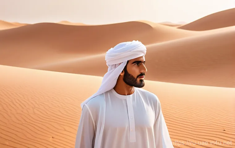 UAE 전통 의상  칸두라 와  아바야 - **Prompt:** A dignified Emirati man in a pristine, bright white traditional Kandura made of fine, fl...
