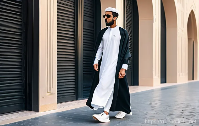 UAE 전통 의상  칸두라 와  아바야 - **Prompt:** A scene depicting the historical roots and practicality of traditional Emirati attire. A...