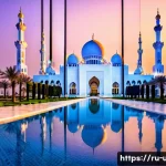 Home 21 아부다비 셰이크 자이드 대모스크 - **Prompt:** A majestic wide-angle view of the Sheikh Zayed Grand Mosque in Abu Dhabi at twilight, as...