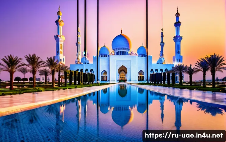 아부다비 셰이크 자이드 대모스크 - **Prompt:** A majestic wide-angle view of the Sheikh Zayed Grand Mosque in Abu Dhabi at twilight, as...