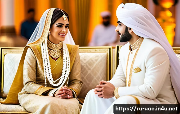 아랍에미리트의 전통 혼례 문화 - A traditional Emirati wedding scene featuring a groom dressed in a pristine white kandura symbolizin...