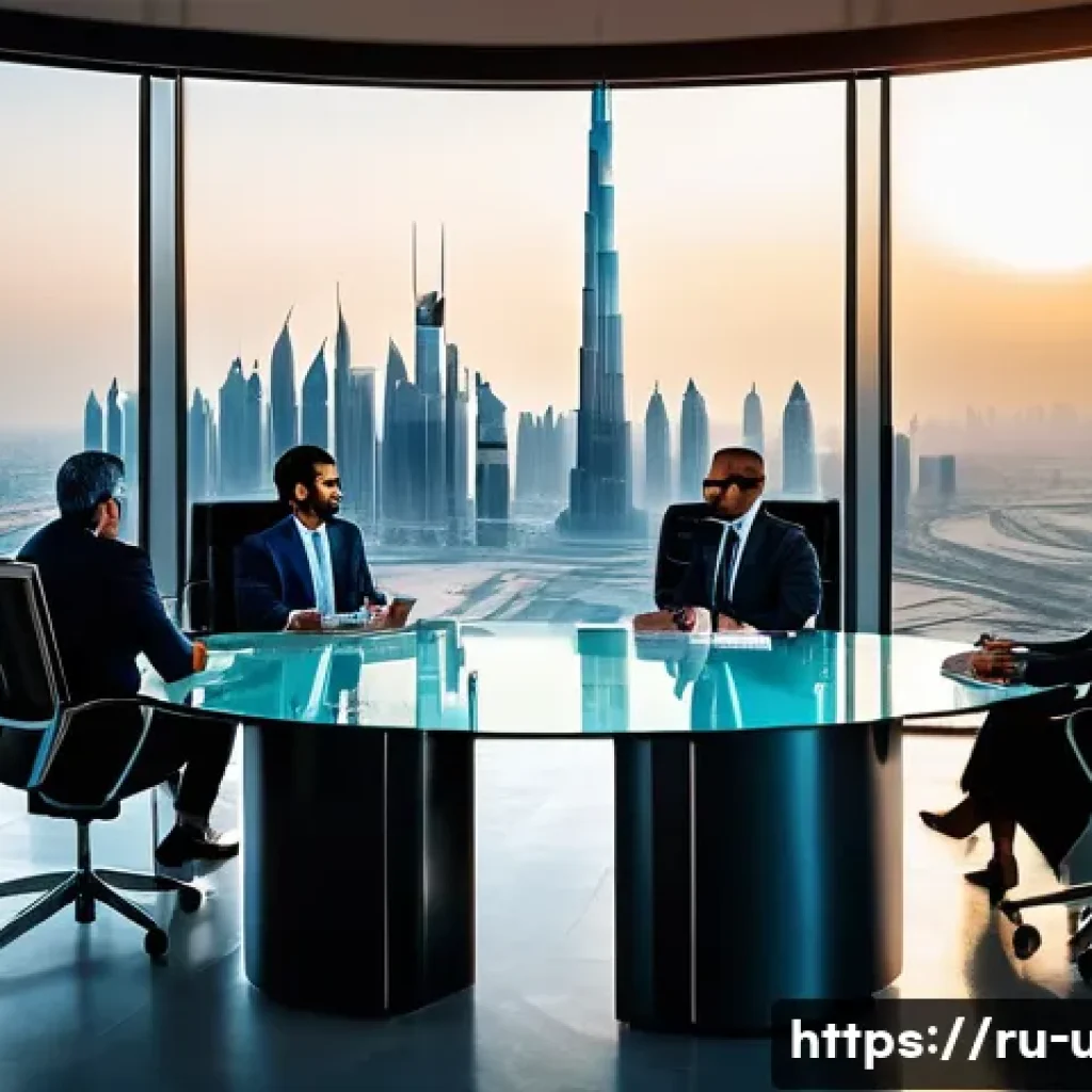 UAE 유명인사 및 셀럽 - A sophisticated business meeting scene set in a modern, luxurious office overlooking the Dubai skyli...