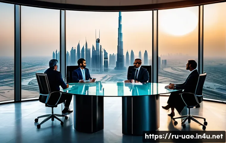 UAE 유명인사 및 셀럽 - A sophisticated business meeting scene set in a modern, luxurious office overlooking the Dubai skyli...