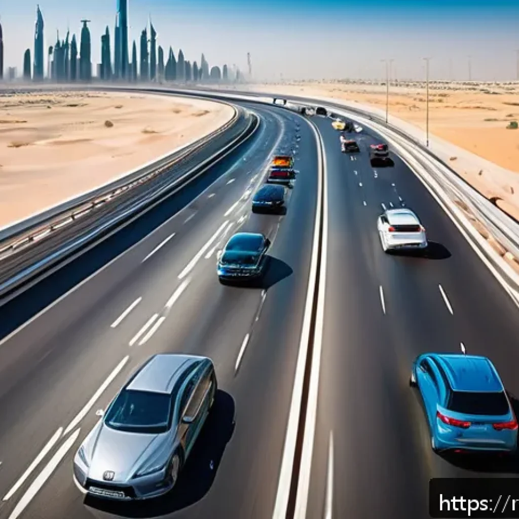 아랍에미리트 주요 교통사고 사례 - A dynamic highway scene in the UAE during daytime, featuring multiple modern cars driving at high sp...