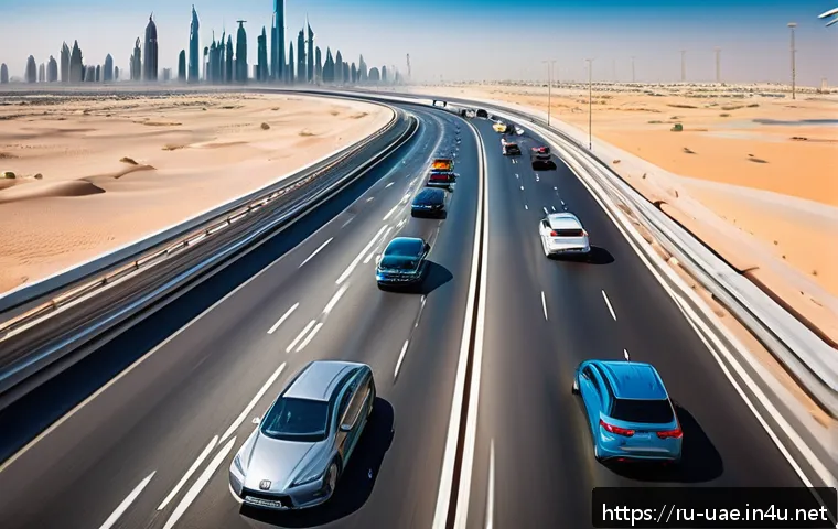 아랍에미리트 주요 교통사고 사례 - A dynamic highway scene in the UAE during daytime, featuring multiple modern cars driving at high sp...